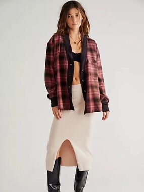 Free People We The Free Women’s Cardi Pink Plaid Long Sleeve Shirt Size Large